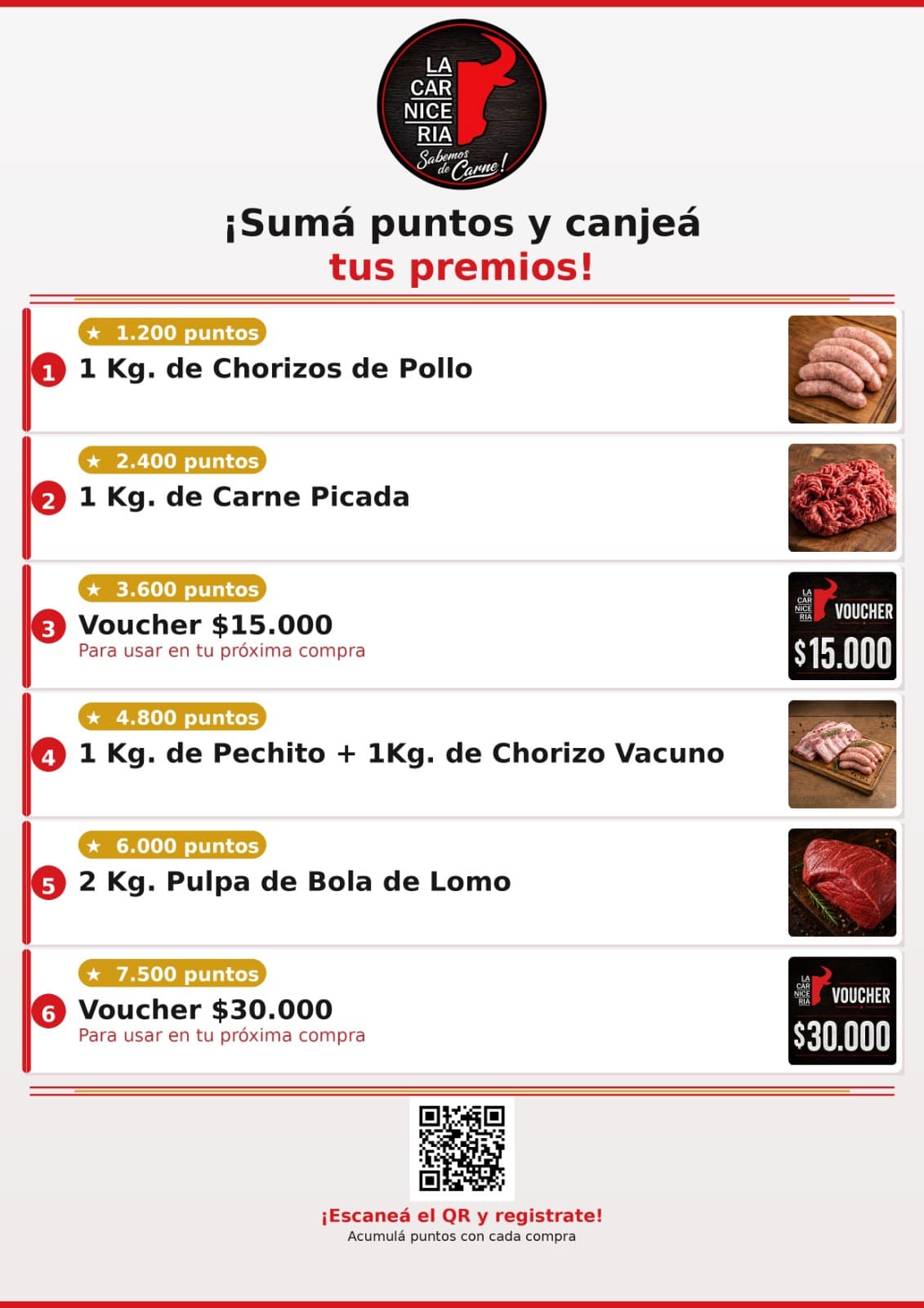 Cartel de premios de La Carnicería Colón: tabla de canjes con puntos requeridos para cada recompensa